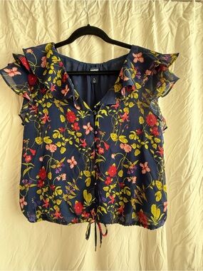 Lands End Navy Floral Ruffle Sleeve Blouse size L 14-16